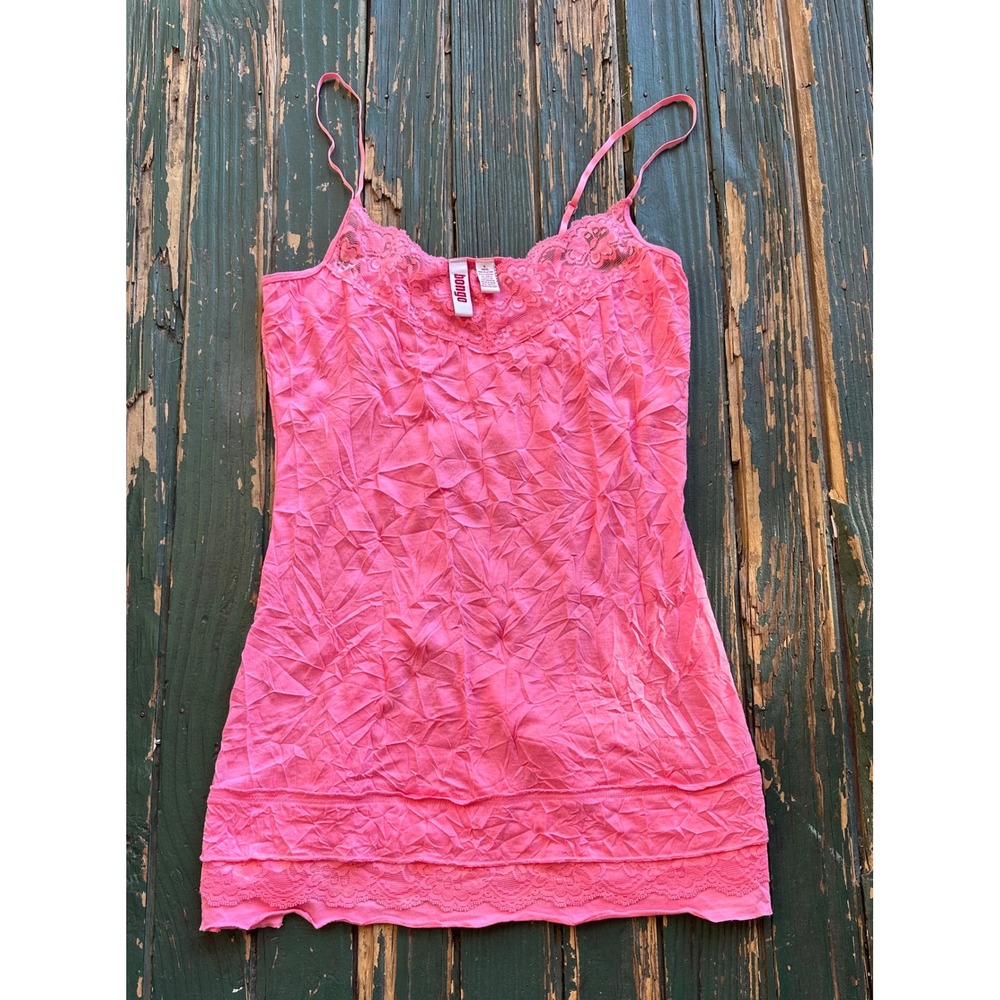 Bongo Pink Crinkle Lace Trim Cami Top Adjustable Straps Ruffle Hem Large